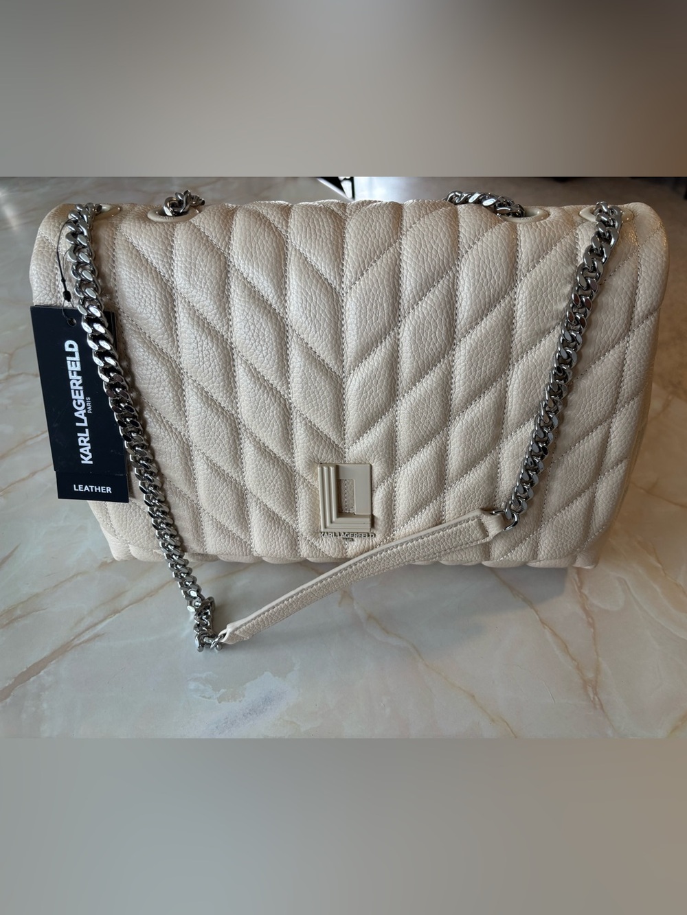 Karl Lagerfeld Cream Quilted Leather Shoulder Bag with Silver Chain